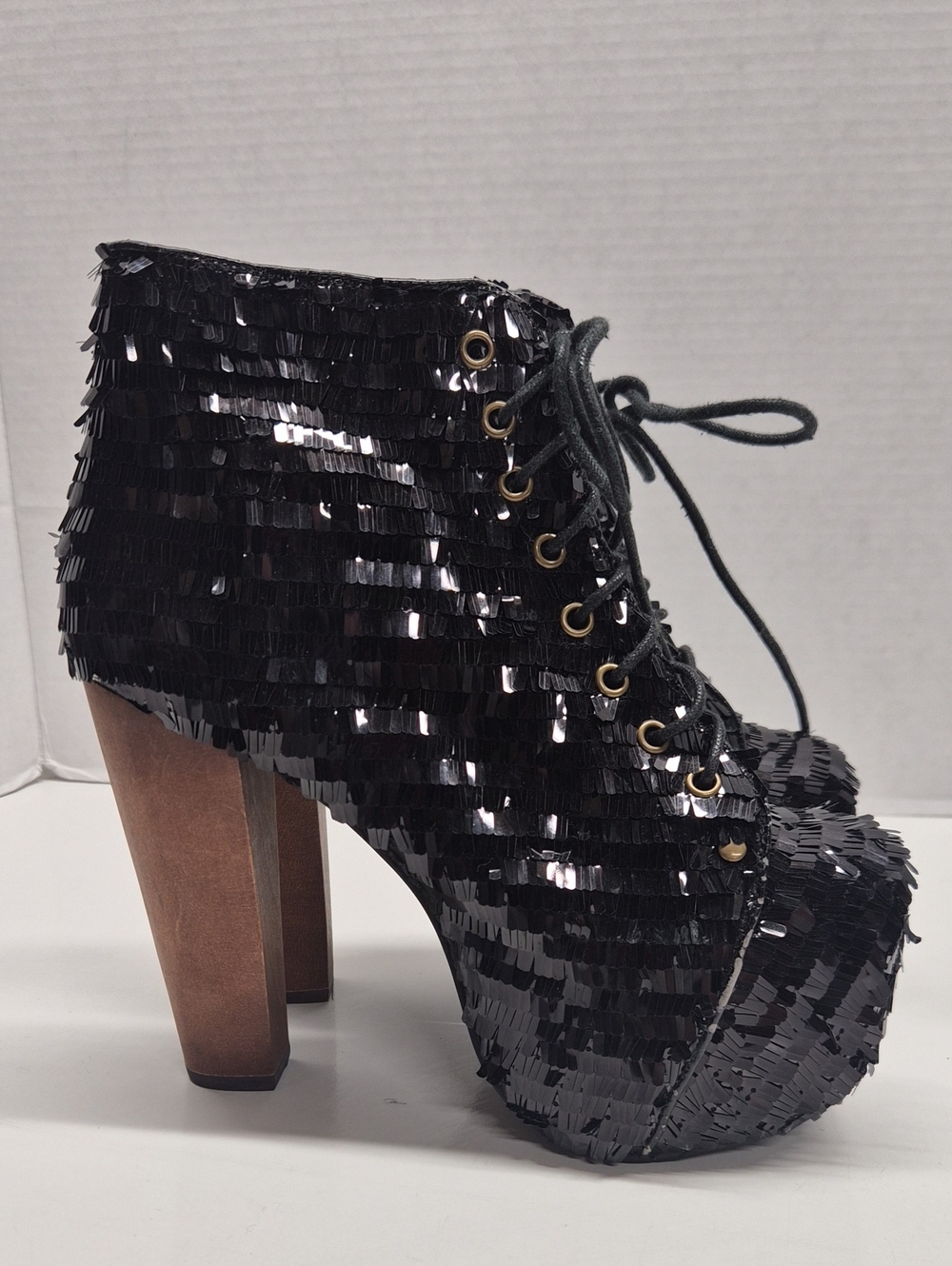 Jeffrey Campbell Lita Sequin Ankle Boots Lace Up Platform Chunky Wooden Black 7